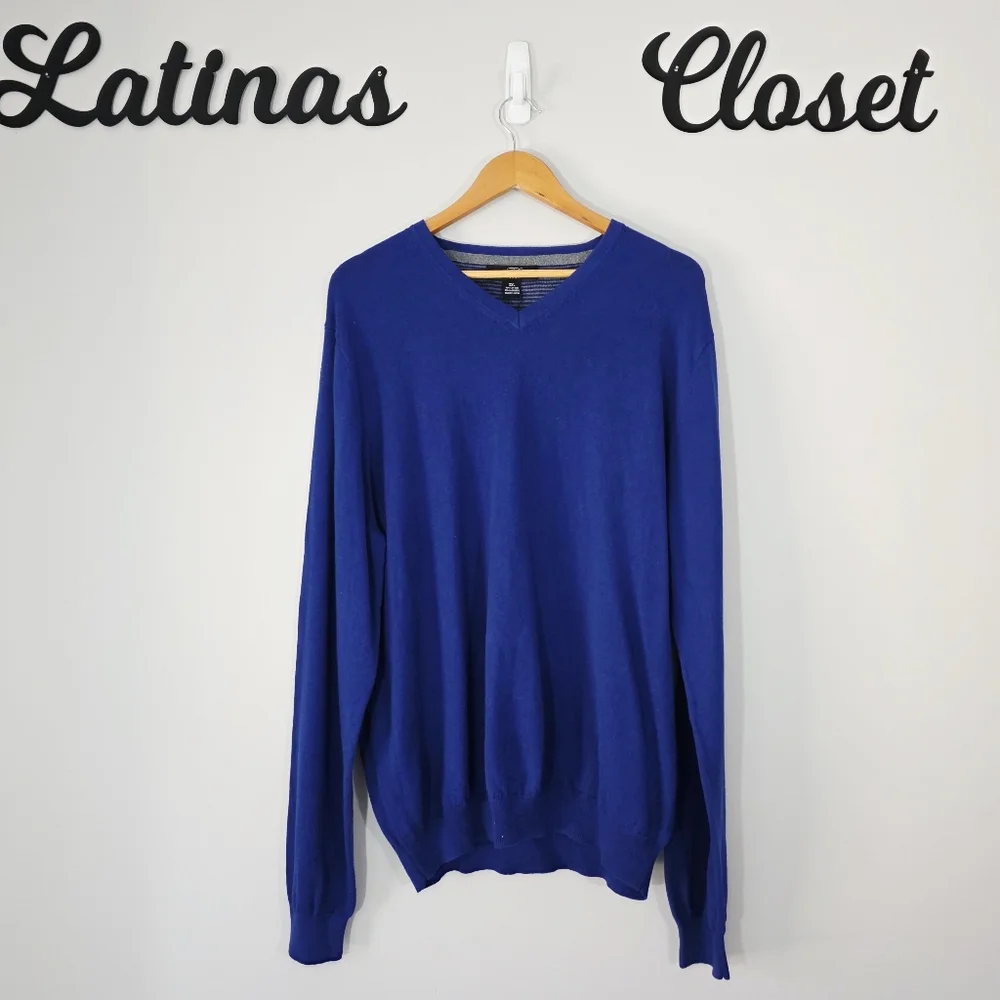 Foxcroft V-Neck Long Sleeve Cashmere Blend Blue Knit Stretch Sweater Sz XXL‎ NWT